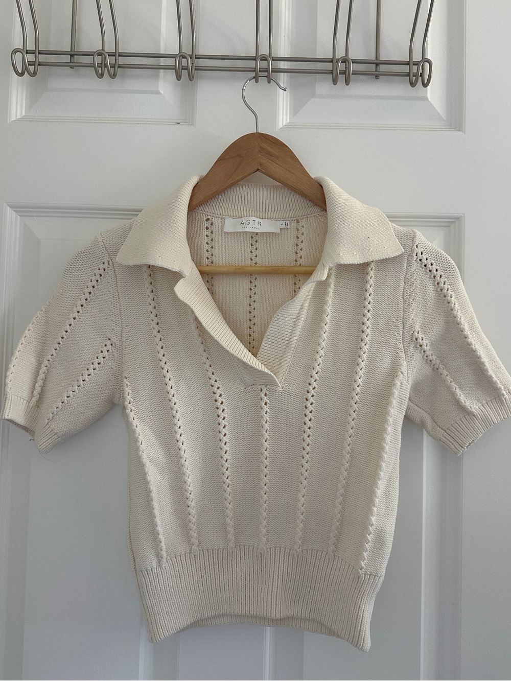 ASTR Cream Openwork Knit V-Neck Polo Sweater